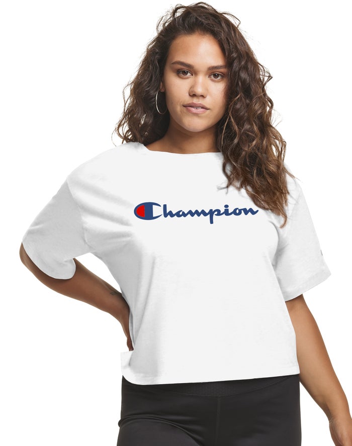 Champion Plus Cropped Script C Logo Kadın Tişört Beyaz ( IOZXJH148 )